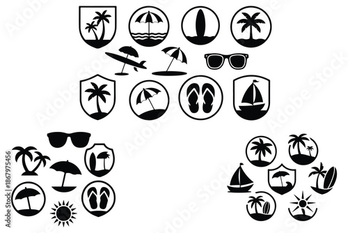 Black and white summer vacation set beach palm tree