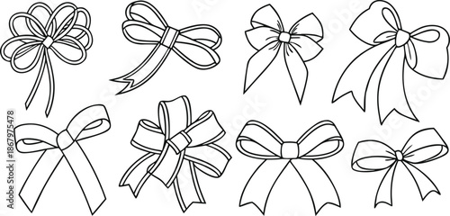 Seven black and white bows with different styles and shapes
