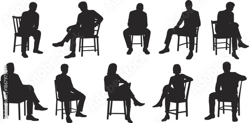 Ten Silhouette Figures of People Sitting on Chairs in Various Poses person