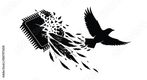 Bird breaking free from a shattering microchip, symbolizing technological liberation and innovation.