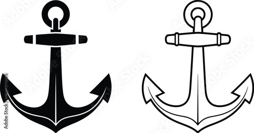 Two Anchors, One Solid Black and One Outline, on White Background ship anchor nautical