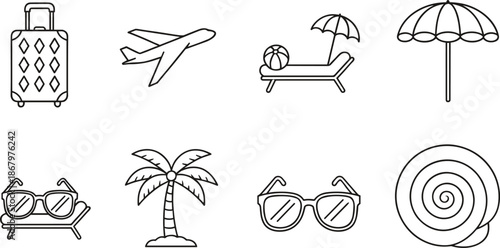 Summer Travel Line Icon Set with Luggage, Airplane, Beach Accessories and Vacation Symbols Vector.