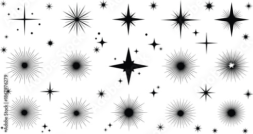 Starburst and Sparkle Icon Set with Radiant Sun Rays, Light Bursts and Shining Effects Vector.