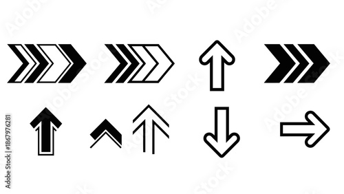 Collection of black and white directional arrows on a white background.