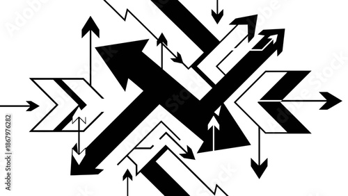 Complex black and white arrows intersecting and pointing in multiple directions.