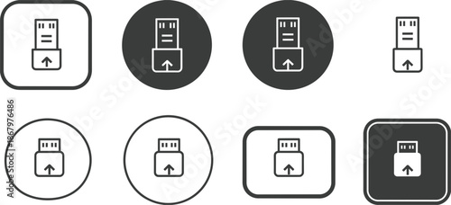 USB Flash Drive Icon Set with Upload Arrow and Various Shapes vector illustration
