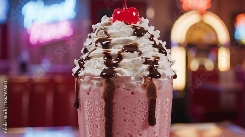 A vibrant milkshake topped with whipped cream and a cherry.