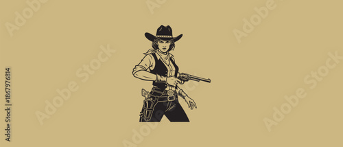 Vintage style illustration of a female outlaw holding a revolver ready for action