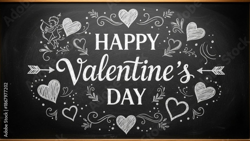 A vector graphic illustration of a Happy Valentine's Day message on a chalkboard with hearts and arrows