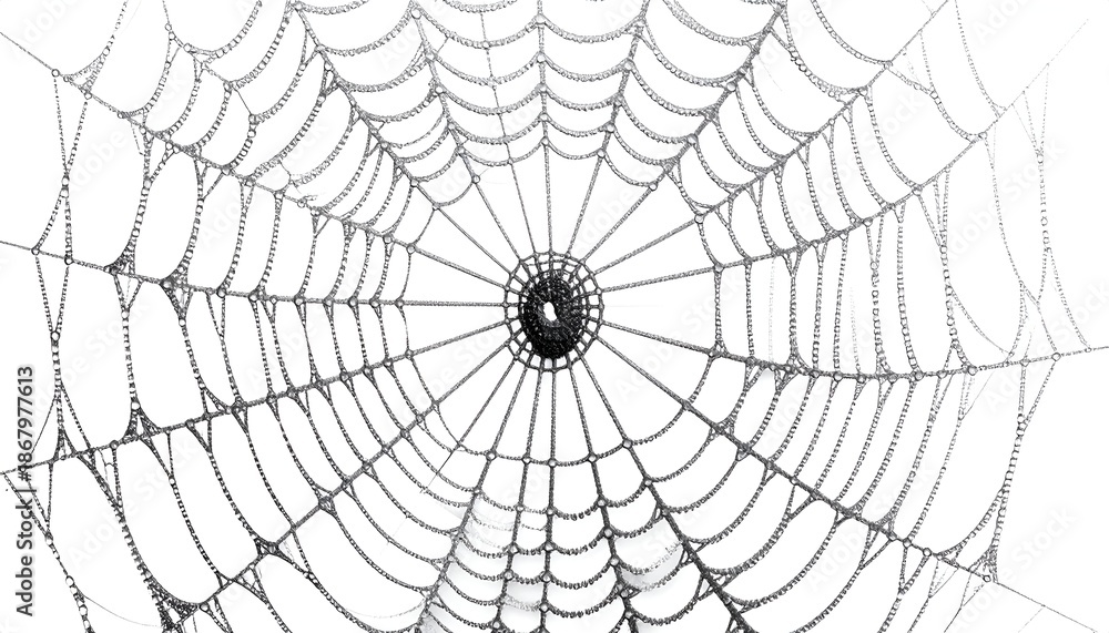 Obraz premium A delicate spiderweb, grey on white, close-up with a central hub