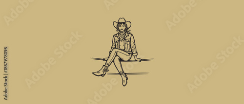 A stylized sketch of a cowgirl sitting casually on a wooden fence, dressed in classic western gear