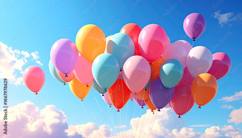Naklejka premium Colorful Balloons Floating in a Bright Blue Sky with Fluffy Clouds, Festive Celebration.