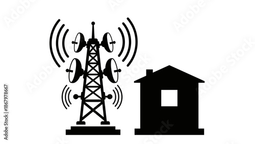 This iconic image displays a towering cell tower emitting powerful signals towards a nearby residential house, symbolizing modern connectivity.