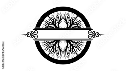 An intricate circular emblem depicting robust tree roots forming a frame, accompanied by an elegant horizontal banner for text.