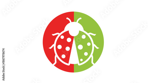 A unique ladybug logo featuring a vibrant split design, half red and half green, enclosed within a perfect circular shape.