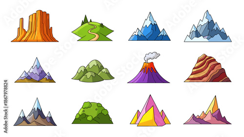 A colorful and playful collection of various cartoon-style mountains, including snow-capped peaks, volcanoes, and desert mesas, isolated on a white background.