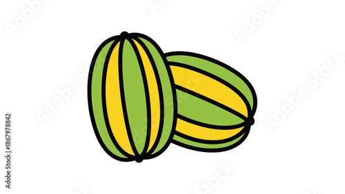 Two vibrant and distinctly striped gourds, showcasing a playful combination of green and yellow colors, resting together on a clean white background.