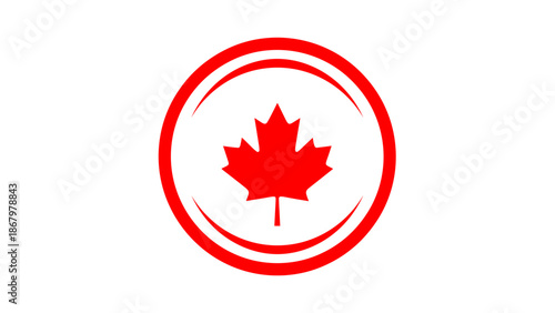 A distinct and vibrant red maple leaf symbol, elegantly encircled, representing the iconic national emblem of Canada, set against a crisp white background.