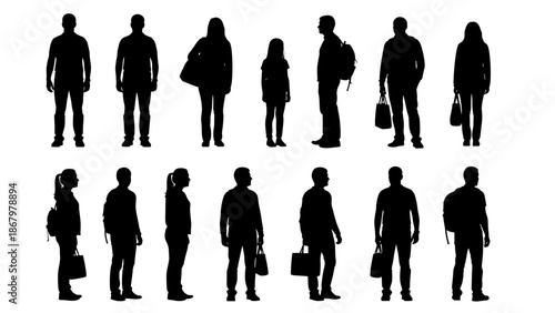 A diverse collection of standing human silhouettes, showing individuals in various poses, some carrying bags for architectural plans.