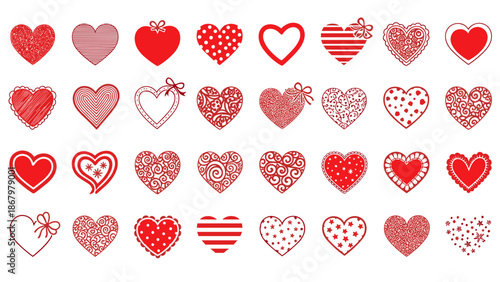 A vibrant collection of red heart illustrations, showcasing diverse styles, patterns, and textures, perfect for romance and love.