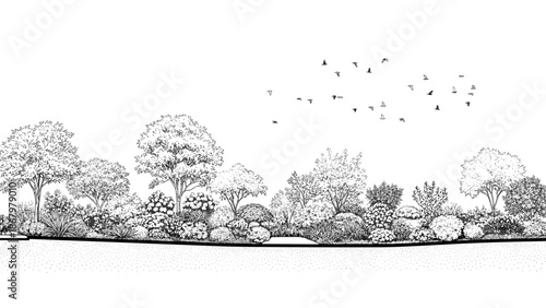 A detailed panoramic line art depicting a dense forest edge and lush natural landscape, featuring trees and bushes.
