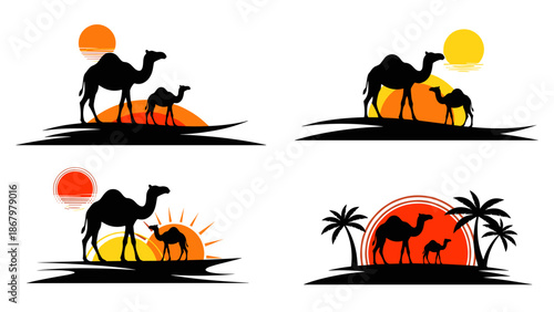 Striking silhouettes of camels and their young against vibrant desert sunsets, depicted in four distinct graphic illustrations.
