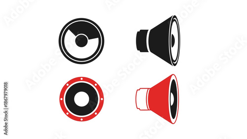 A set of four simple, bold loudspeaker icons, presented in both frontal and side views, in black and red colors.