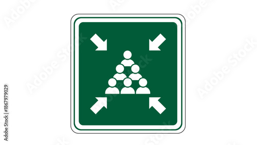 A green square sign featuring a pyramid of people icons surrounded by converging arrows, indicating an emergency assembly point.