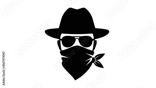 A stylized illustration of a person's head wearing a fedora hat, sunglasses, and a bandana covering the lower face.