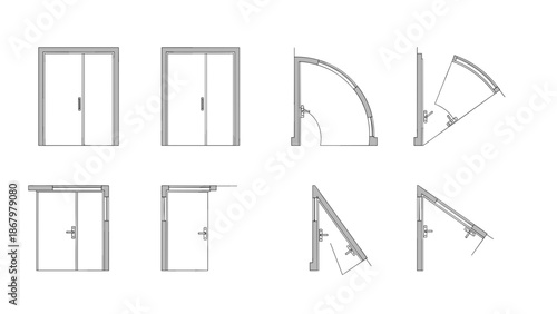Detailed architectural line drawings illustrating various types of door openings and their swing directions from a top-down view.