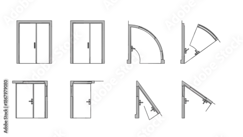 Obraz Detailed architectural line drawings illustrating various types of door openings and their swing directions from a top-down view.