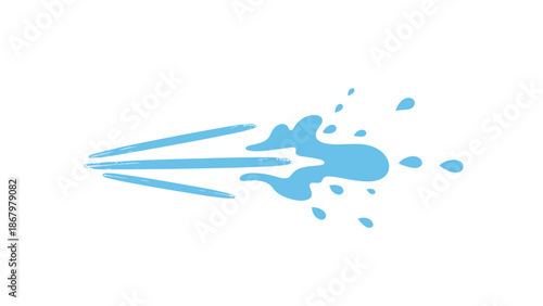 A dynamic, stylized illustration depicting a forceful stream of blue water with numerous splashes and droplets.