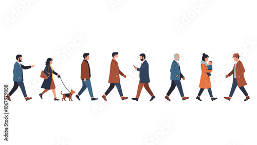 A diverse group of people, including adults and a person with a baby, walking in profile view against a plain white background.