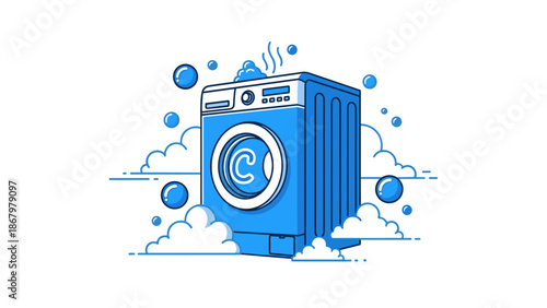 A detailed illustration of a blue washing machine with bubbles and steam, depicting a fresh and clean laundry cycle.