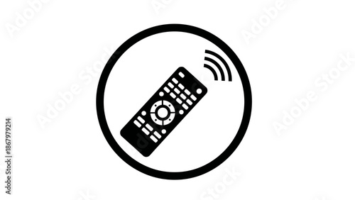 A clear black and white icon illustrating a remote control with a signal symbol, representing wireless connectivity.