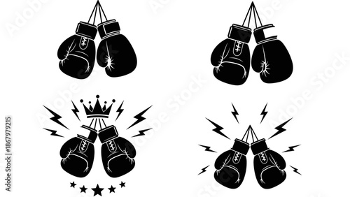 A powerful collection of four black and white icons featuring boxing gloves, symbolizing strength and victory in boxing.