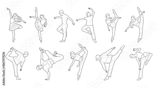 A dynamic collection of diverse dancing figures rendered in line art, showcasing various ballet, contemporary, and hip-hop dance.