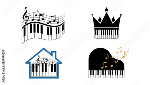 A creative collection of four black and white icons featuring piano keyboards with musical notes and crowns.