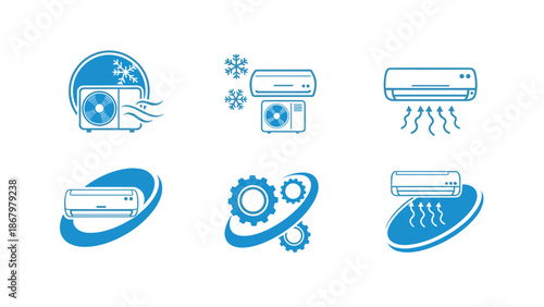 A complete set of six blue and white icons illustrating various aspects of air conditioning, including cooling and maintenance.