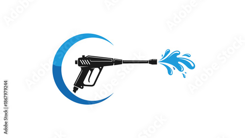 A striking logo design featuring a pressure washer nozzle powerfully spraying water, within a dynamic blue crescent shape.