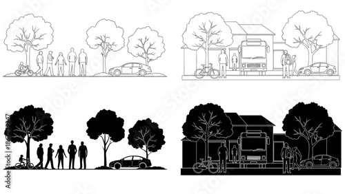 A diverse collection of four illustrations depicting urban and suburban street scenes with trees, houses, and cars.