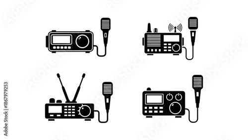 A set of four detailed black and white icons illustrating various radio transceivers and walkie-talkies, for communication.