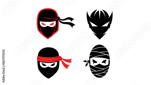A dynamic set of four black and white ninja head icons, some with red accents, symbolizing stealth and skill.