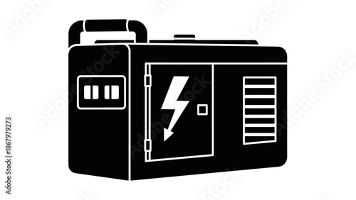 A stark black and white icon depicting a portable industrial generator, featuring a prominent lightning bolt symbol on its side, indicating power.