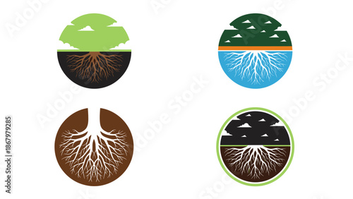 A set of four circular logos visually representing trees with extensive root systems, symbolizing growth and nature.