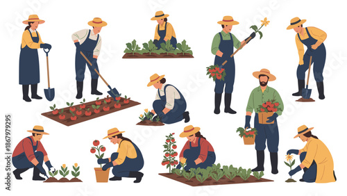 A comprehensive collection of diverse cartoon characters depicting various gardeners actively engaged in planting, watering, and harvesting crops in a garden setting.