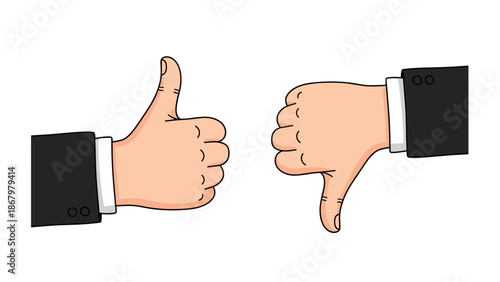 Two distinct hand gestures are displayed: a positive 'thumbs up' and a negative 'thumbs down' indication.