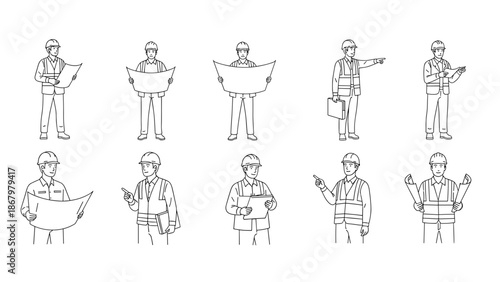 Ten line art sketches illustrate various construction workers holding blueprints, pointing, and giving instructions.