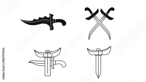 A monochrome collection of four distinct knife and sword weapon designs, depicted as strong, contrasting silhouettes.
