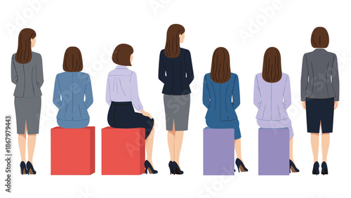 A group of diverse business people, men and women, standing and sitting viewed from the back.